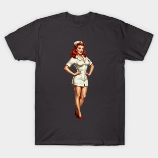Retro Saucy Redhead Pinup Girl in Nursing Uniform T-Shirt